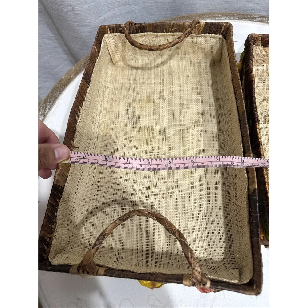 2 MCM Vintage Wicker Raffia Casserole Holders 13.5x8.5